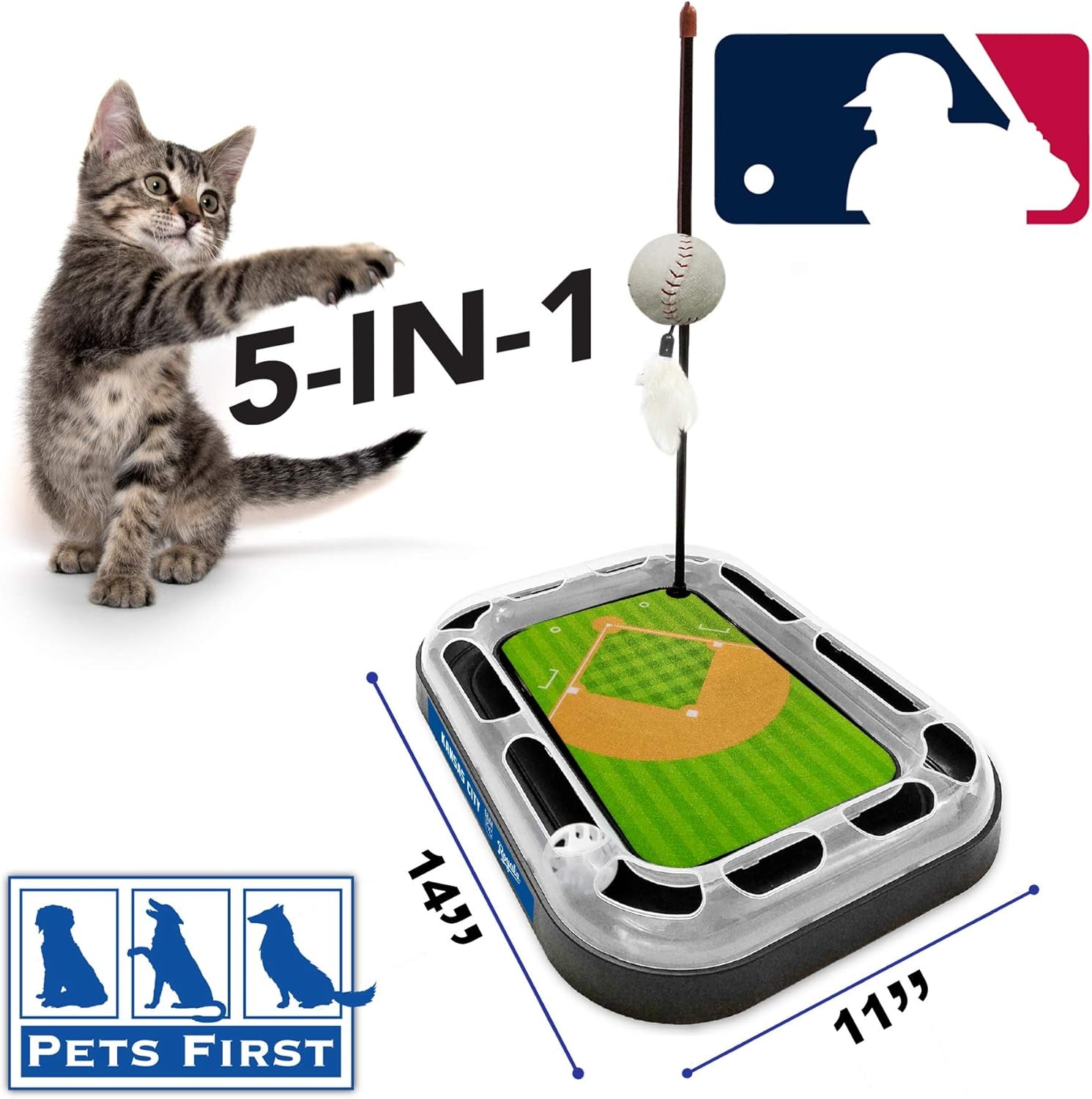 Cat Scratching Toy MLB Kansas City Royals Baseball Field Cat Scratcher Toy with Interactive Cat Ball Bell in Tracks. 5-In-1 CAT Toy: Cat Wand Poll with Catnip Filled Plush Baseball & Feathers.