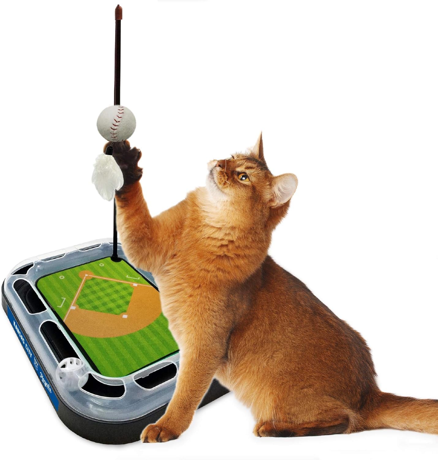 Cat Scratching Toy MLB Kansas City Royals Baseball Field Cat Scratcher Toy with Interactive Cat Ball Bell in Tracks. 5-In-1 CAT Toy: Cat Wand Poll with Catnip Filled Plush Baseball & Feathers.
